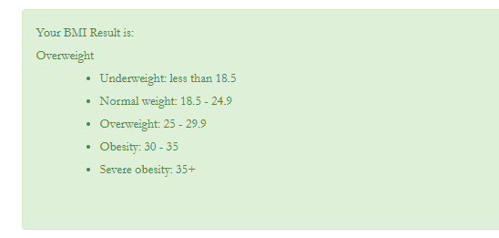 默认 BMI 计算器结果
