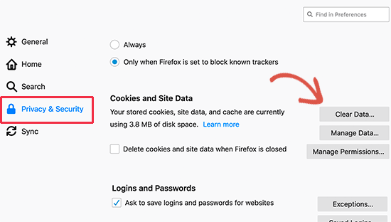 在 Firefox 中清除 cookie 和站点数据