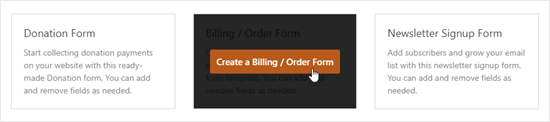 单击“创建帐单/订单”按钮以创建您的表单
