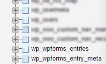 phpMyAdmin 列表中显示的 wp_wpforms_entries 和 wp_wpforms_entry_meta 表