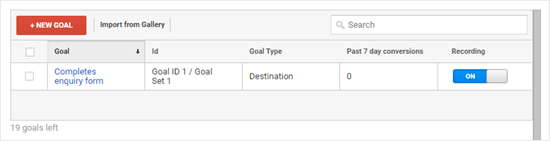 Google Analytics 中的表格显示您的目标