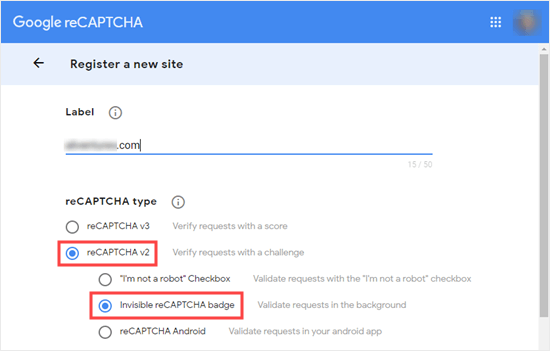 在 Google 管理面板中选择不可见的 reCAPTCHA 选项
