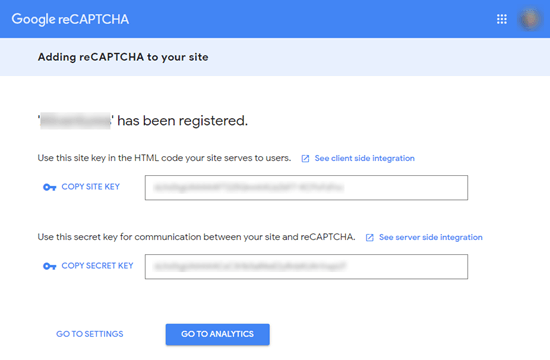 您来自 Google reCAPTCHA 的站点密钥和密钥