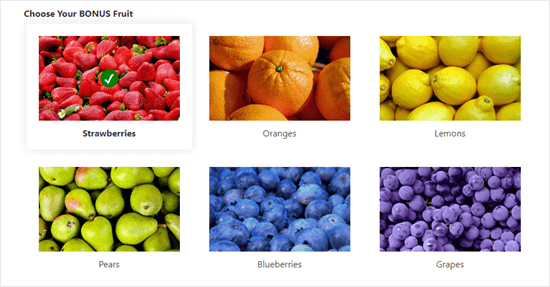 表格中使用的图像选择示例：显示 6 个水果选项的彩色图像