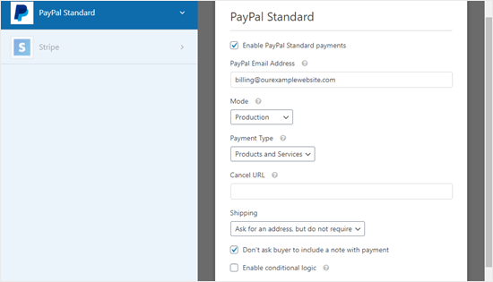表单的 PayPal 付款设置页面