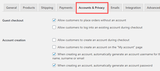 WooCommerce 设置中的“帐户和隐私”选项卡