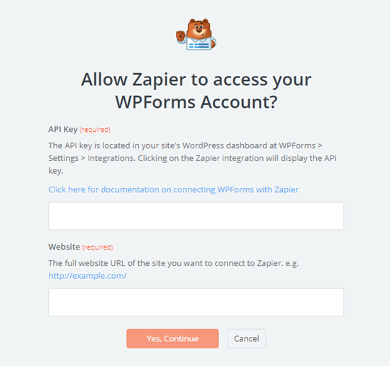 从 WPForms 输入您的 API 密钥和您网站的 URL
