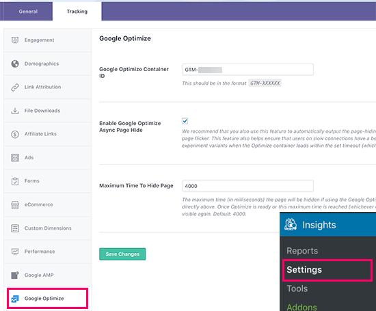 Google Optimize settings in MonsterInsights Google Optimize settings in MonsterInsights