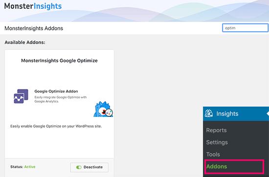 Google Optimize addon for MonsterInsights Google Optimize addon for MonsterInsights