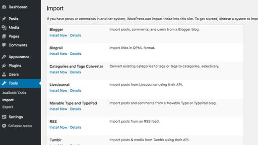 Import screen in WordPress 4.6 Import screen in WordPress 4.6
