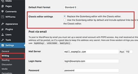 Classic editor settings Classic editor settings