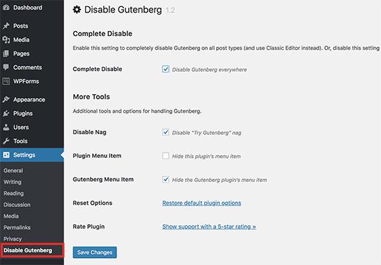 Disable Gutenberg settings Disable Gutenberg settings