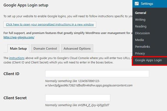 Apps login settings page Apps login settings page