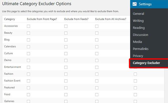 Category excluder settings Category excluder settings