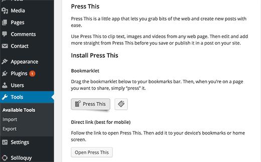 Installing Press This tool for WordPress Installing Press This tool for WordPress