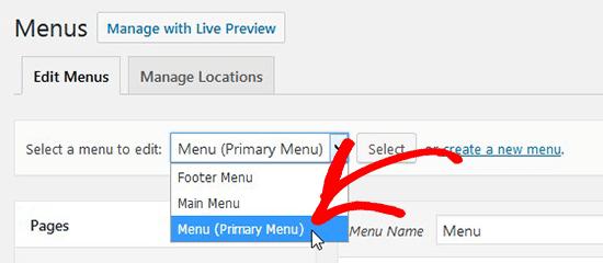 Select menu to edit Select menu to edit