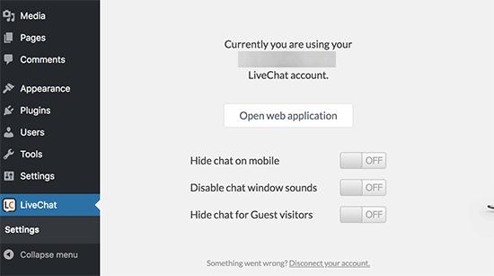 LiveChat settings for WordPress LiveChat settings for WordPress