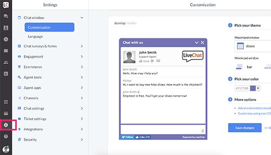 LiveChat settings LiveChat settings