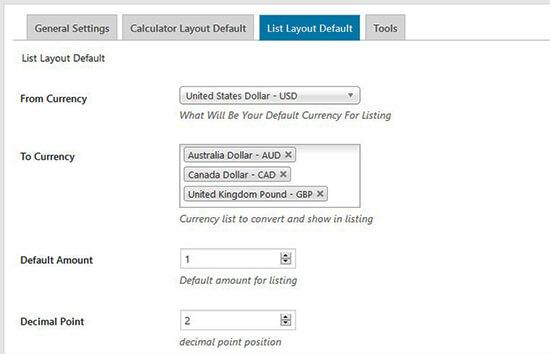 Currency list default settings Currency list default settings