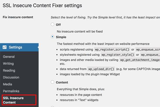 SSL secure content plugin settings SSL secure content plugin settings