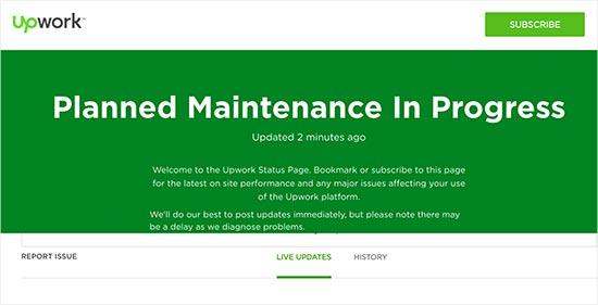 Upwork maintenance page with status updates Upwork maintenance page with status updates