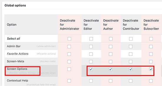 Deactivate screen options button Deactivate screen options button