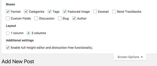 Screen Options settings on post edit screen in WordPress Screen Options settings on post edit screen in WordPress