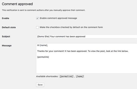 Comment Approved settings