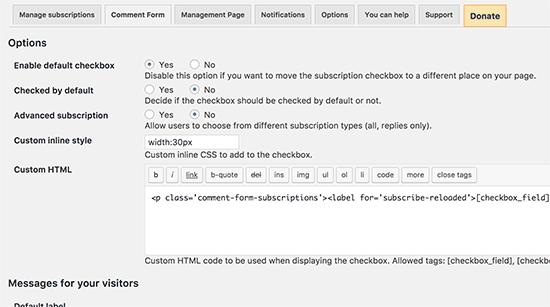 Subscribe to Comments Reloaded settings
