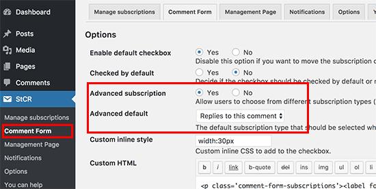 Subscribe to Comments Reloaded settings