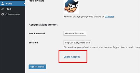Delete account link on user profile page Delete account link on user profile page