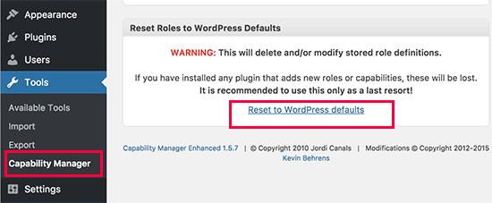 Reset user role permissions Reset user role permissions