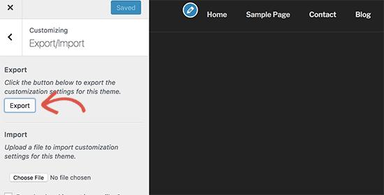 Export customizer settings Export customizer settings