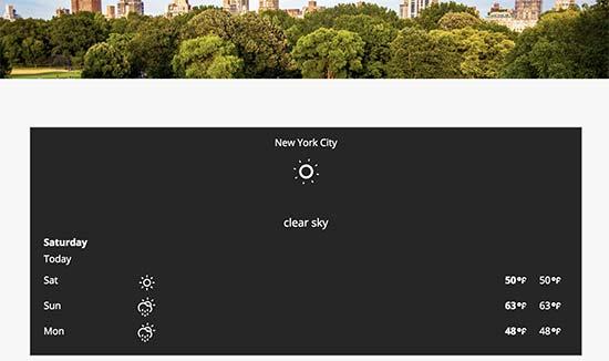 Weather forecaste displayed on a WordPress website Weather forecaste displayed on a WordPress website