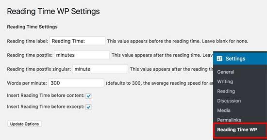 Reading Time WP settings Reading Time WP settings