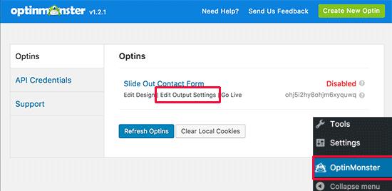 Edit optin output settings Edit optin output settings