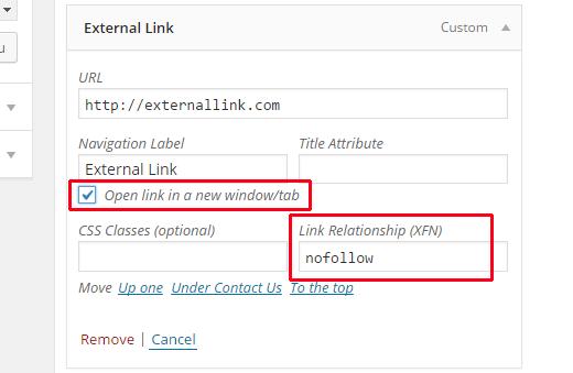 Adding nofollow to a menu item Adding nofollow to a menu item