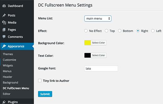 Fullscreen menu settings Fullscreen menu settings