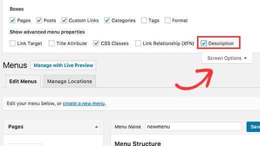 Enabling description field for navigation menus in WordPress Enabling description field for navigation menus in WordPress