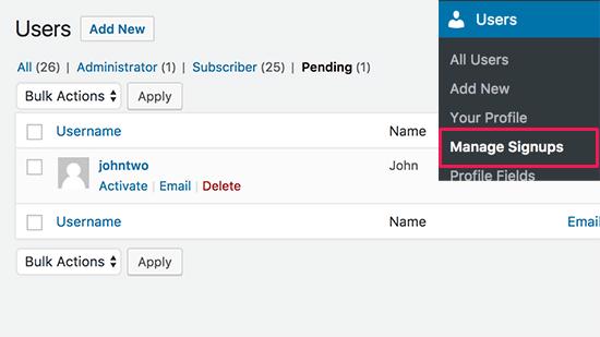 Manage new signups Manage new signups