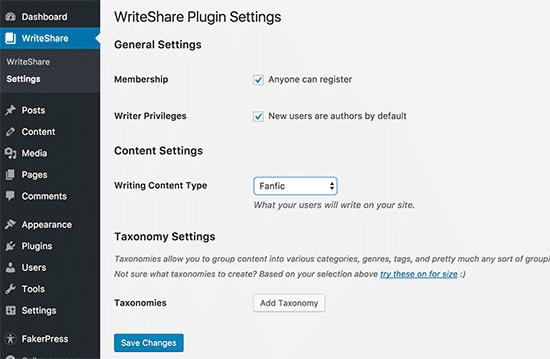 WriteShare settings page WriteShare settings page