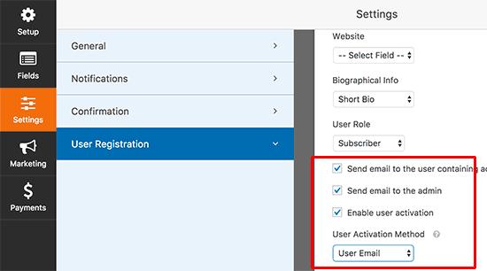 User registration settings User registration settings