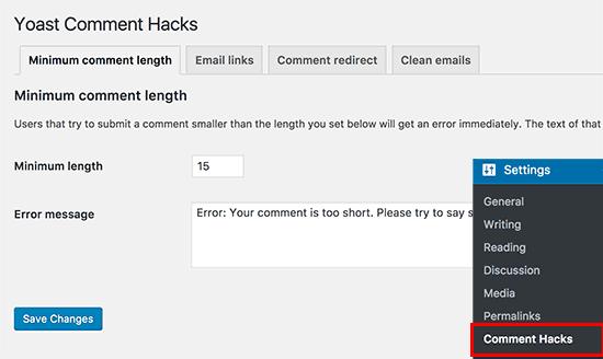 Yoast Comment Hacks settings page Yoast Comment Hacks settings page
