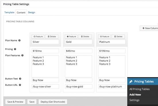 Editing pricing table contents Editing pricing table contents