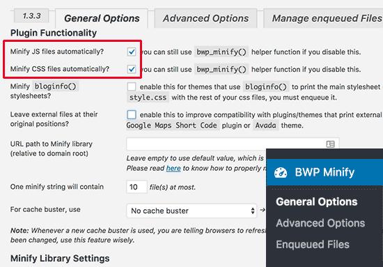 BWP Minify settings BWP Minify settings