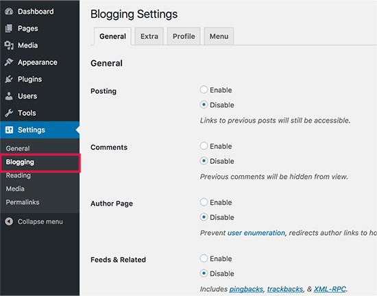 Blogging settings Blogging settings