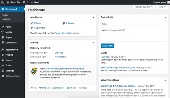Default WordPress dashboard Default WordPress dashboard