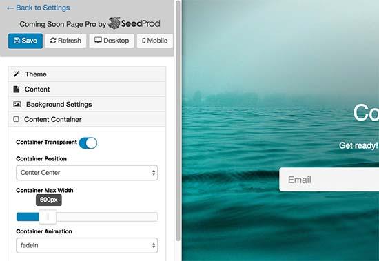 Editing coming soon page options Editing coming soon page options