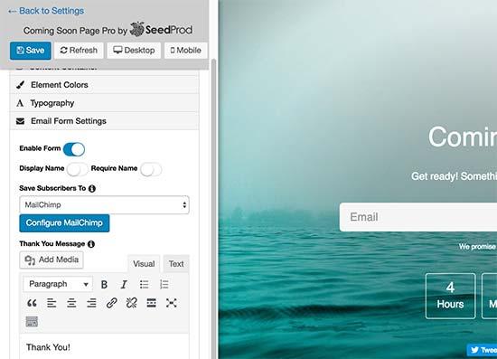 Email form settings for your coming soon page Email form settings for your coming soon page