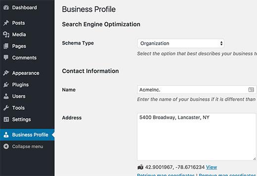 Business profile settings page Business profile settings page